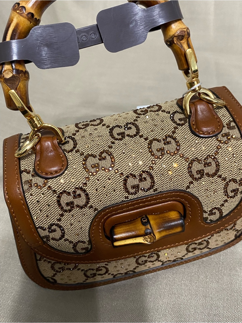 Mini Gucci Bamboo 1947 Top Handle Bag Crystal Embellished GG Canvas - Picture 6 of 16